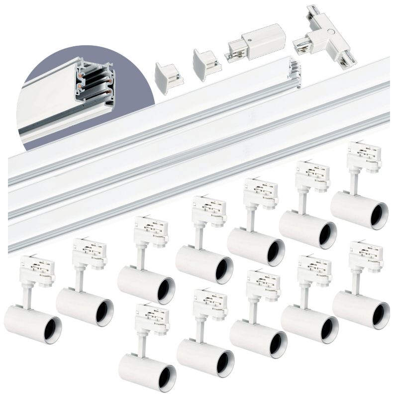 Oświetlenie szynowe 3 fazowe Kobi 1m+2m+2m, 12x Lamp, łącznik T biały 1kpl.