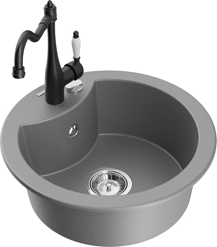 Zlewozmywak granitowy Mexen Diego 1-komorowy z baterią kuchenną Carla szary 6512-71-670700-70