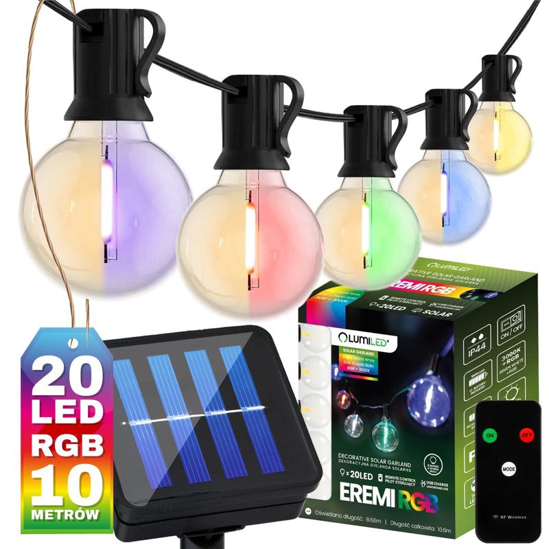 Girlanda Solarna Lumiled Ogrodowa 20x LED Ozdobne Żarówki G50 10.6m 3000K RGB z Pilotem 1 szt.