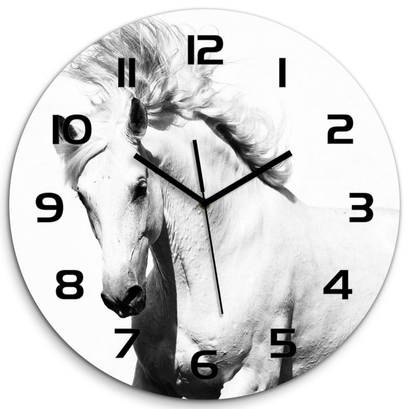 Zegar szklany Tulup Biały koń czarne wskazówki fi30 cm cichy 1 szt.
