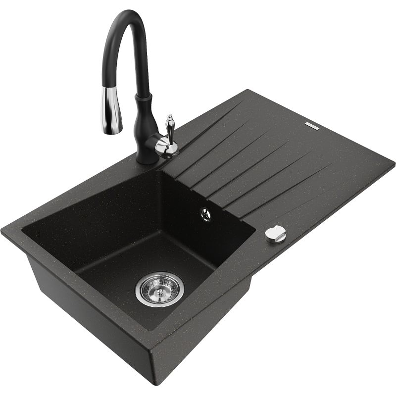 Zlewozmywak granitowy 1-komorowy Mexen Cesar z ociekaczem i baterią kuchenną Savita szary - 6514-71-672601-70-B 1 szt.