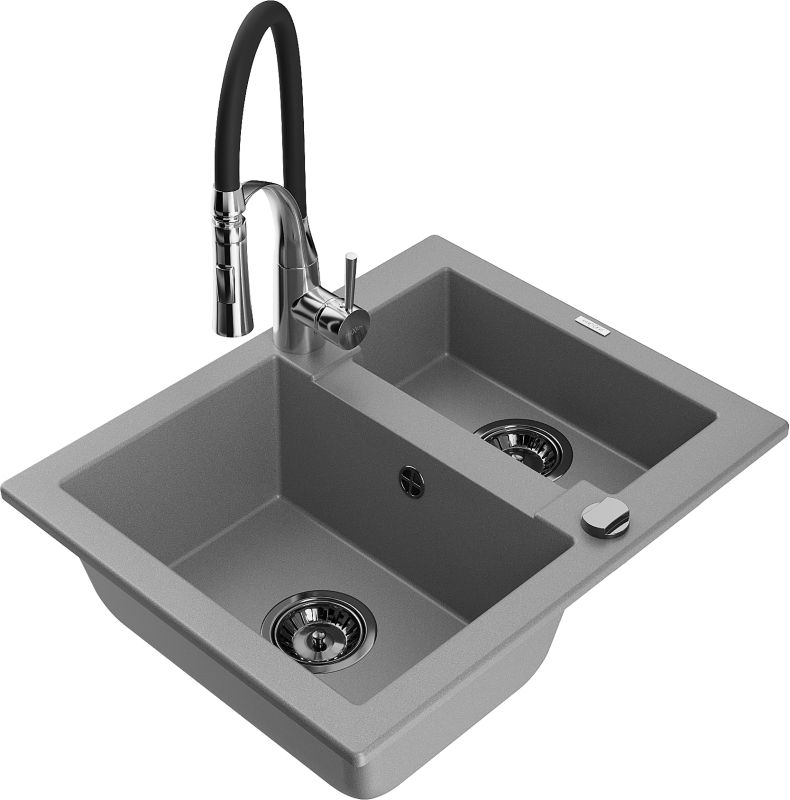 Zlewozmywak granitowy Mexen Carlos 1,5-komorowy z baterią kuchenną Aster szary 6518-71-73450-07-B