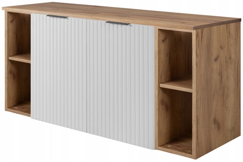 Szafka łazienkowa Furnidea 120 cm wisząca pod umywalkę biała mat z blatami i regałami dąb craft złoty Flow 1 szt.