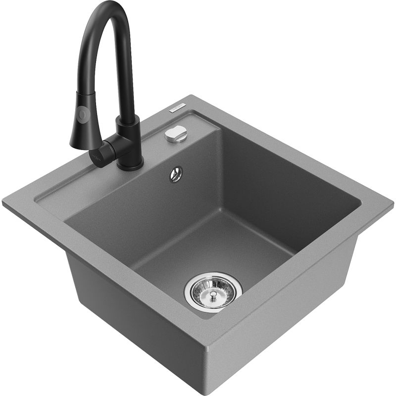 Zlewozmywak granitowy 1-komorowy Mexen Vito z baterią kuchenną Elia szary 6503-71-670101-70