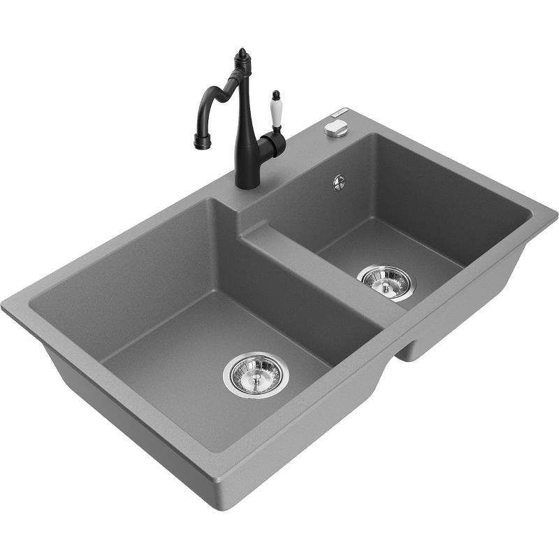 Zlewozmywak granitowy 2-komorowy Mexen Tomas z baterią kuchenną Carla szary - 6516-71-670700-00 1 szt.