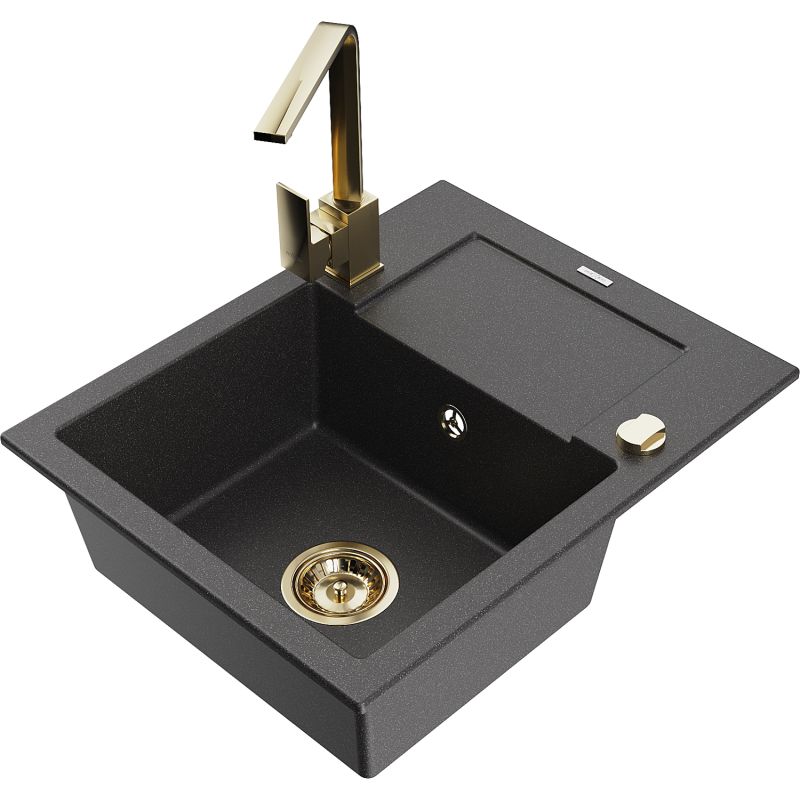 Zlewozmywak granitowy 1-komorowy Mexen Enzo z ociekaczem i baterią kuchenną Rita czarny nakrapiany 6506-76-670300-50