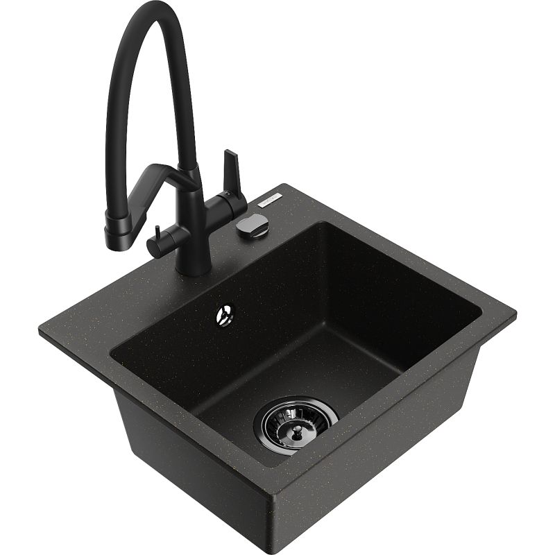 Zlewozmywak granitowy 1-komorowy Mexen Milo z baterią kuchenną Duo szary - 6505-71-671701-70-B 1 szt.