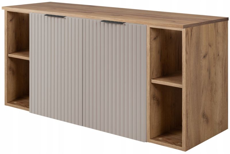 Szafka łazienkowa Furnidea 120 cm wisząca pod umywalkę kaszmir z blatem i regałami dąb craft złoty Flow 1 szt.