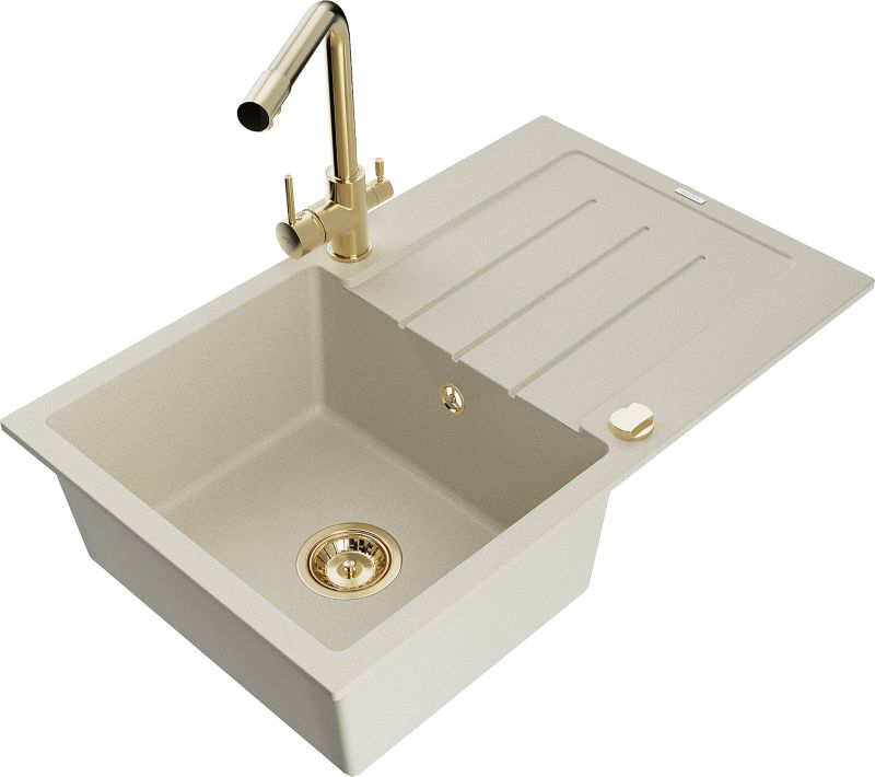 Zlewozmywak granitowy Mexen Bruno 1-komorowy z ociekaczem i baterią kuchenną Duero beżowy - 6513-69-671600-00 1 szt.