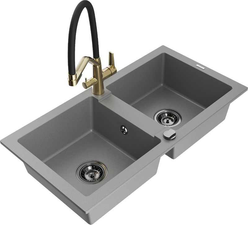 Zlewozmywak granitowy Mexen Mario 2-komorowy z baterią kuchenną Duo szary 6504-71-671701-57-B