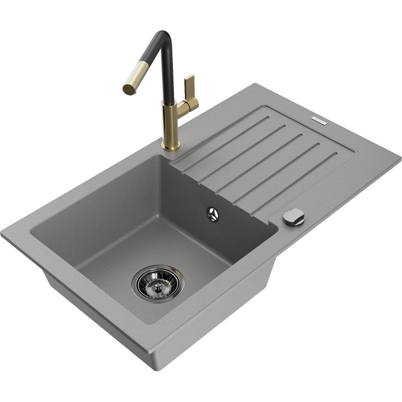 Zlewozmywak granitowy 1-komorowy Mexen Pablo z ociekaczem i baterią kuchenną Flora szary 6510-71-670401-57-B