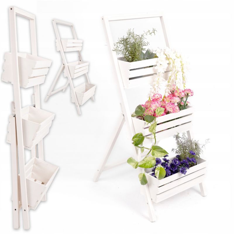 Kwietnik stojący Eco Deco 110 cm wysokość drewniany biały kaskadowy 3 rzędy 1 szt.