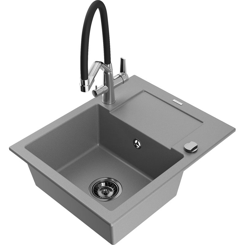 Zlewozmywak granitowy 1-komorowy Mexen Enzo z ociekaczem i baterią kuchenną Duo szary 6506-71-671701-07-B