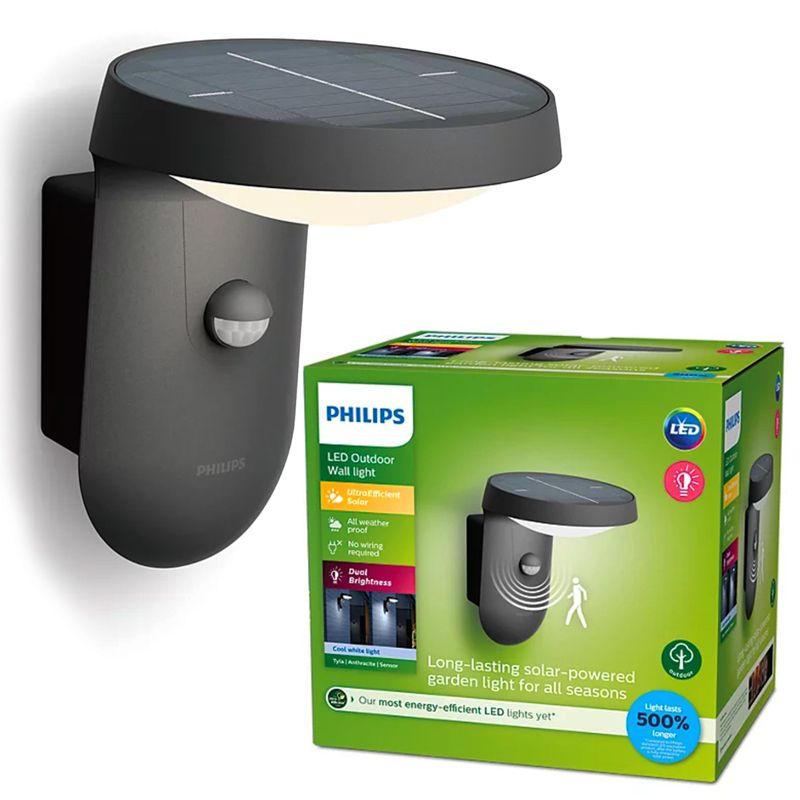 Kinkiet Ogrodowy Philips Lampa Solarna Elewacyjna Zewnętrzna LED 1.2W 255lm 4000K IP44 Czujnik Ruchu i Zmierzchu Antracyt 1 szt