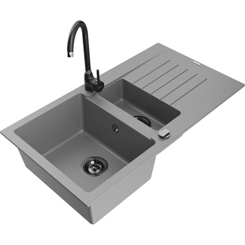 Zlewozmywak granitowy 1.5-komorowy Mexen Matias z ociekaczem i baterią kuchenną Telma szary 6502-71-670200-70-B