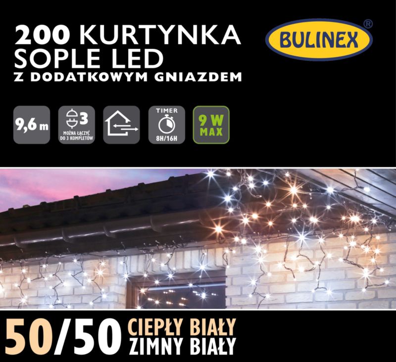 Kurtyna LED Bulinex 200L 9,6 m sople z dodatkowym gniazdem barwa ciepła/zimna biała mix