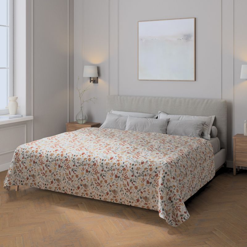 Pled narzuta 220x260cm Dekoria 220x260cm pomarańczowo-zielone kwiaty na kremowym tle 1 szt.