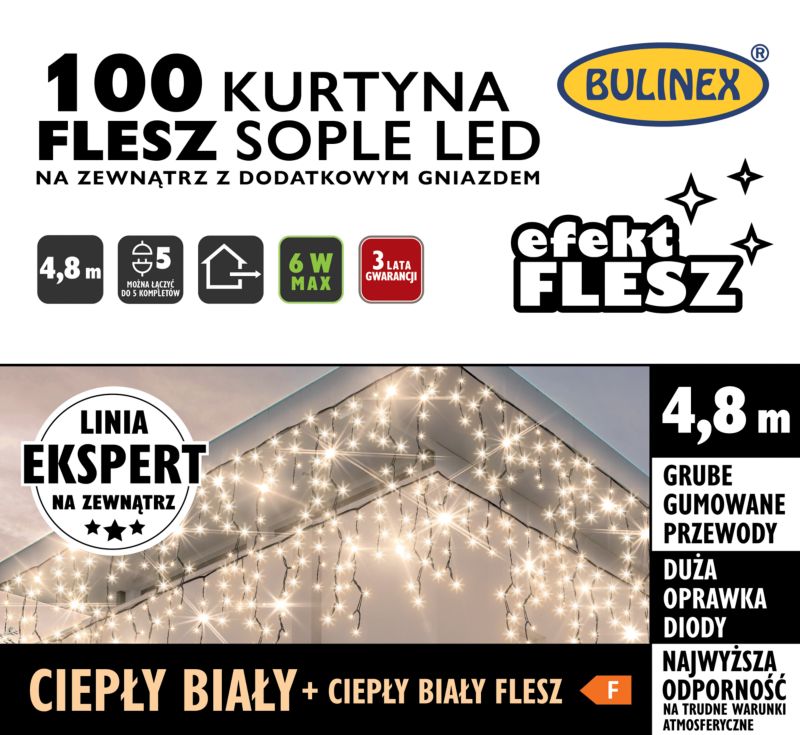 Kurtyna zewnętrzna 100 LED Bulinex sople flesz 4,8 m z dodatkowym gniazdem ciepła biała