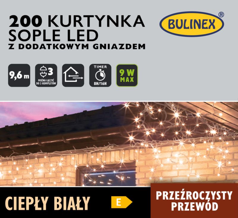 Kurtyna LED Bulinex 200L 9,6 m sople z dodatkowym gniazdem barwa ciepła biała
