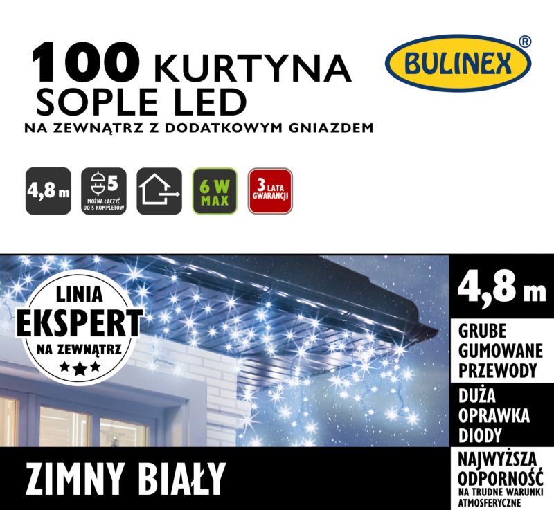 Kurtyna zewnętrzna 100 LED Bulinex sople 4,8 m z dodatkowym gniazdem zimna biała