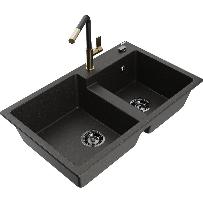 Zlewozmywak granitowy 2-komorowy Mexen Tomas z baterią kuchenną Flora szary - 6516-71-670401-57-B 1 szt.