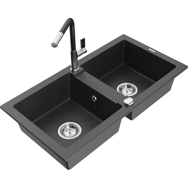 Zlewozmywak granitowy 2-komorowy Mexen Mario z baterią kuchenną Flora czarny nakrapiany 6504-76-670401-07