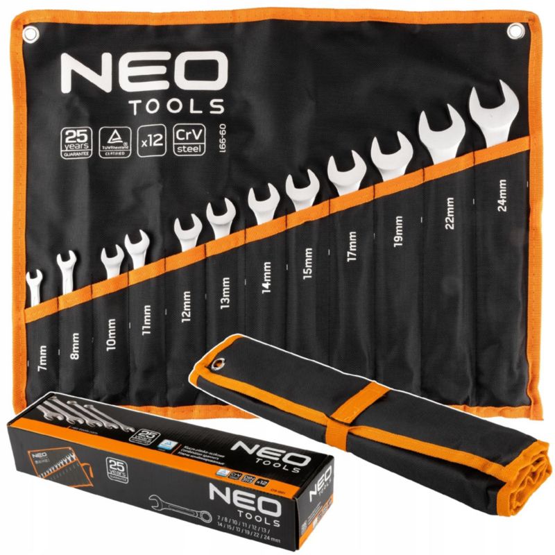 Zestaw kluczy płasko-oczkowych NEO TOOLS 7-24 mm 12 szt. na płachcie 1 kpl
