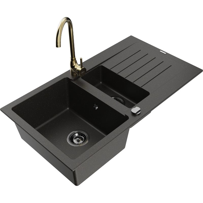 Zlewozmywak granitowy 1.5-komorowy Mexen Matias z ociekaczem i baterią kuchenną Telma czarny/złoty 6502-75-670200-50-B