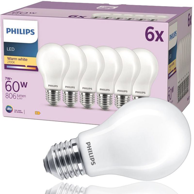 Zestaw 6x Żarówka LED Philips E27 7W (60W) ciepły biały 2700K 806lm 115lm/W 1 op.