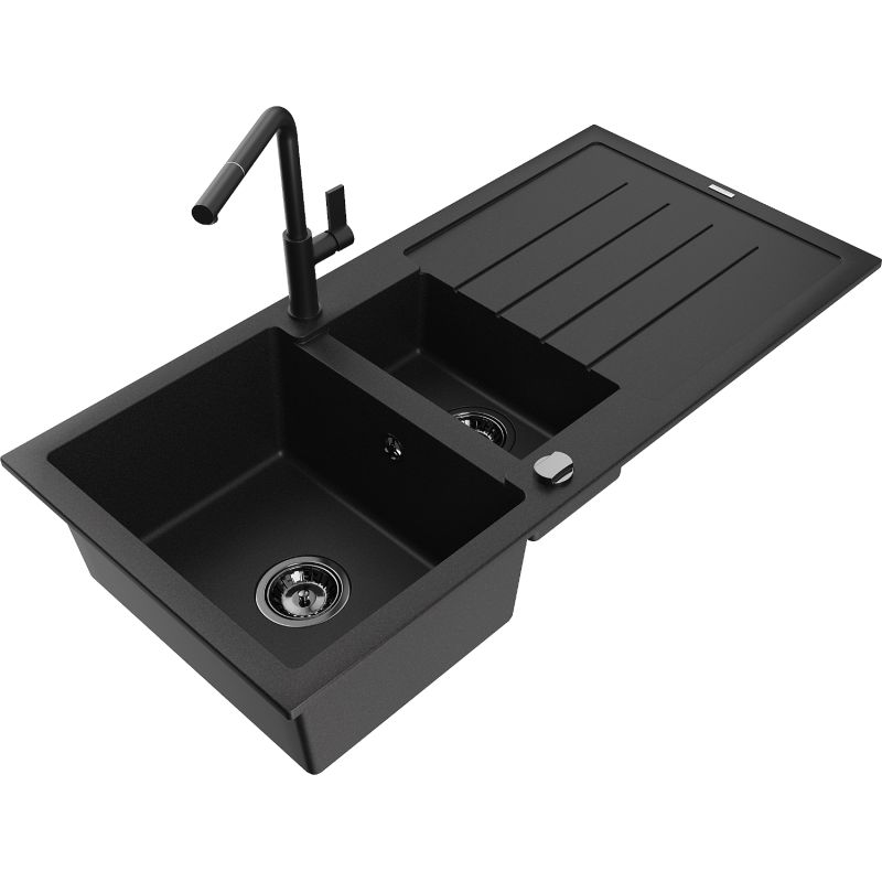 Zlewozmywak granitowy 1.5-komorowy Mexen Andres z ociekaczem i baterią kuchenną Flora czarny - 6515-77-670401-07-B 1 szt.