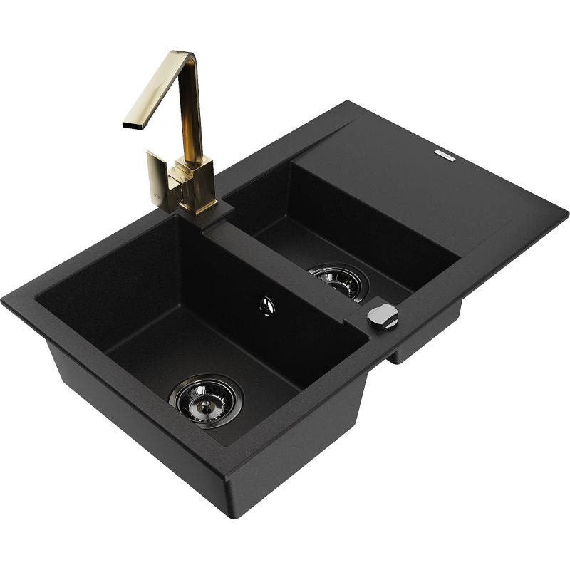 Zlewozmywak granitowy 1.5-komorowy Mexen Gaspar z ociekaczem i baterią Rita czarny nakrapiany - 6507-76-670300-70-B 1 szt.