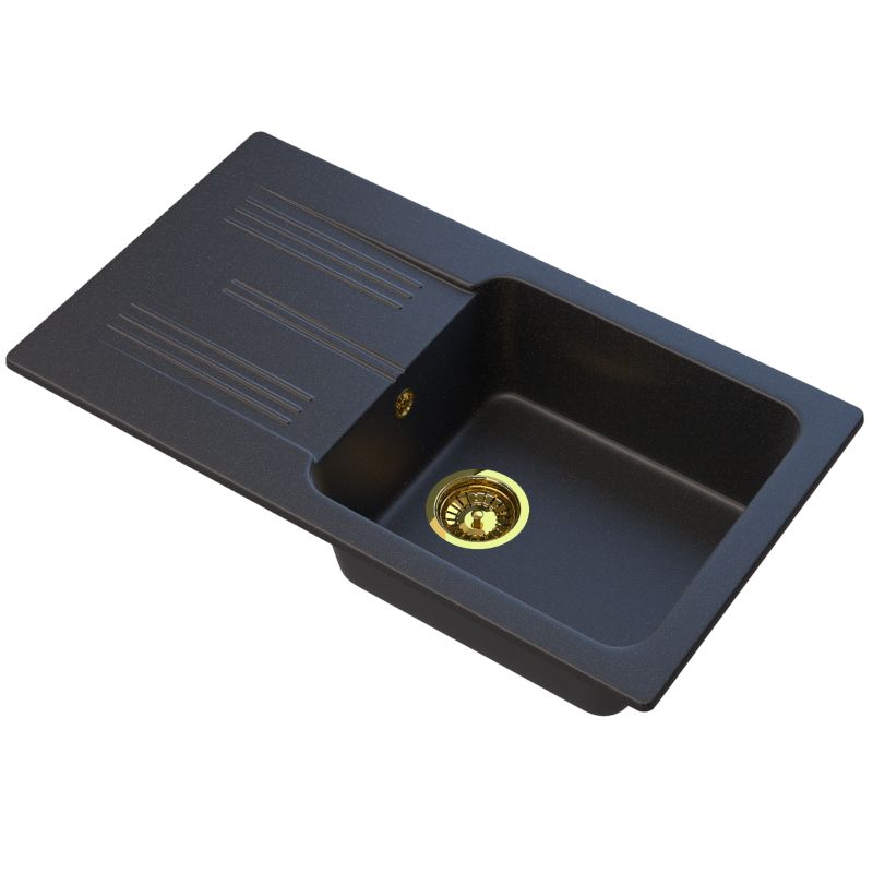 Zlewozmywak Granitowy Jednokomorowy Granitan Zlew Ada Czarny Z Drobinkami Złota Zestaw Zlew Syfon złoty 1 kpl.