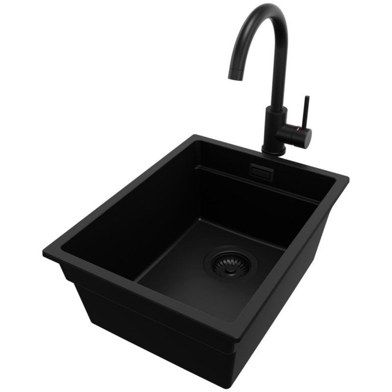 Zlewozmywak Granitowy Praga Slim PRIMAGRAN Nablatowy 36x47cm do szafki od 40cm z Syfonem i Baterią Cały Czarny 1 szt.