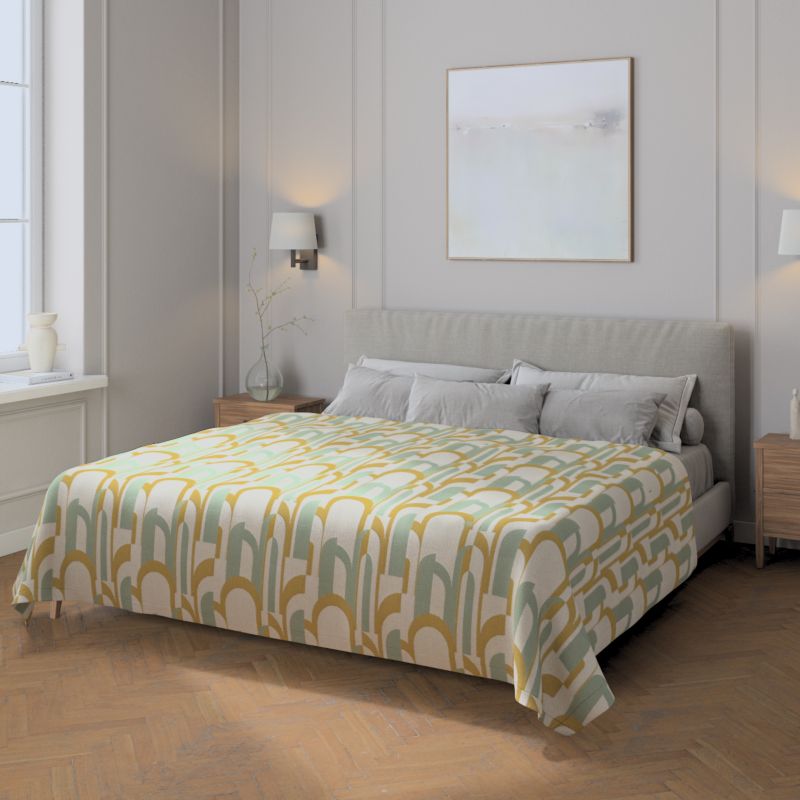 Pled narzuta 220x260cm Dekoria 220x260cm miętowo-żółte wzory na kremowym tle 1 szt.