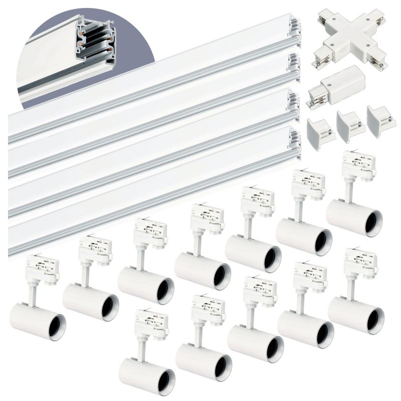 Zestaw szynowy 3 fazowy Kobi litera X, 4x1m 12x Lamp, łącznik X biały 1kpl.