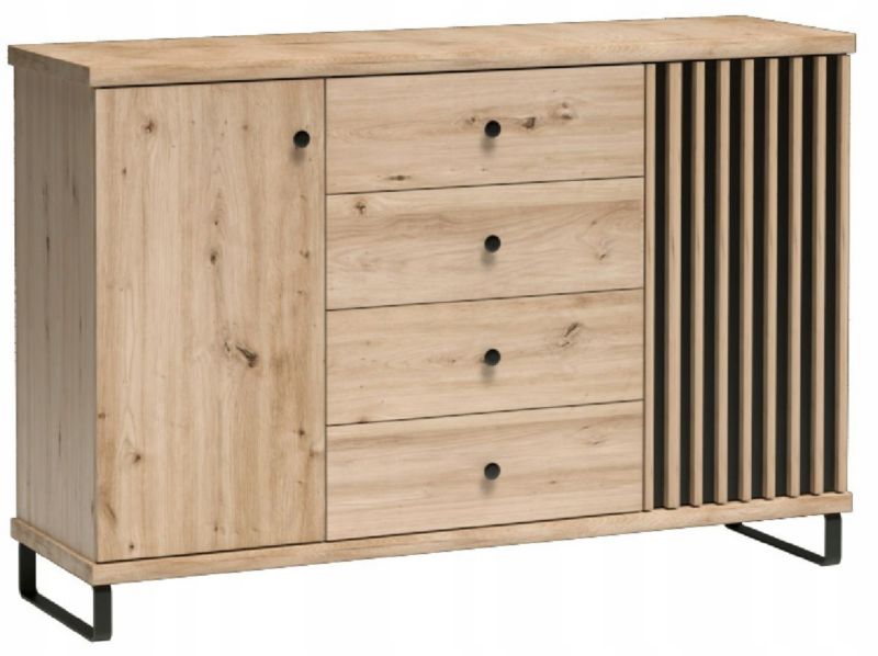 Szafka Komoda Furnidea 142 cm dąb artisan czarny lamelowa CALI z szufladami i nóżkami 10 cm 1 szt.