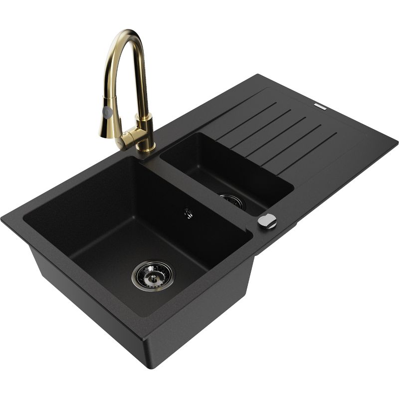 Zlewozmywak granitowy 1.5-komorowy Mexen Matias z ociekaczem i baterią kuchenną Elia czarny/srebrny - 6502-73-670101-70-B 1 szt.