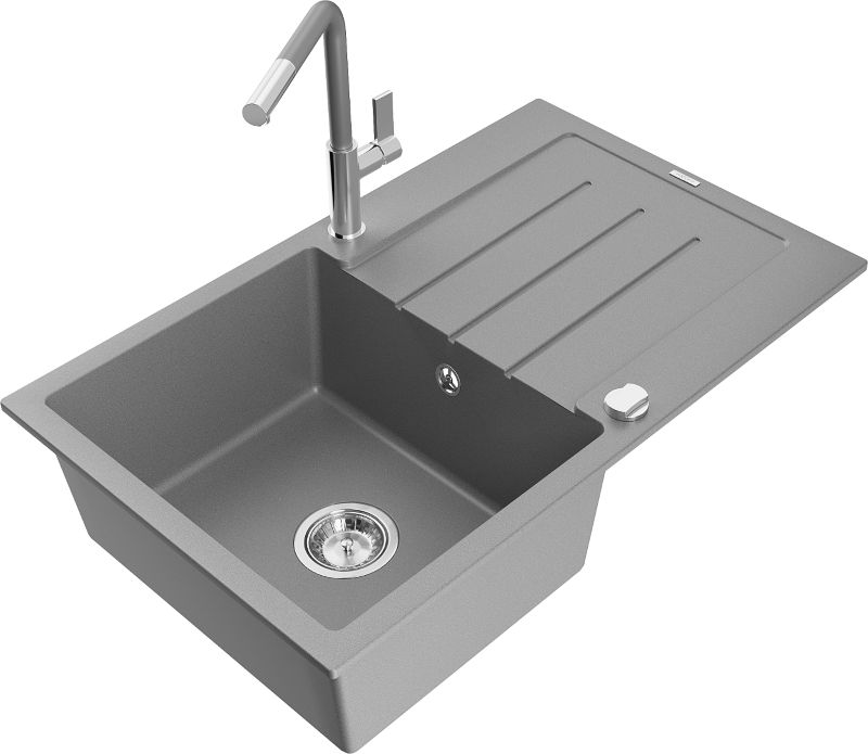 Zlewozmywak granitowy Mexen Bruno 1-komorowy z ociekaczem i baterią kuchenną Flora szary 6513-71-670401-06