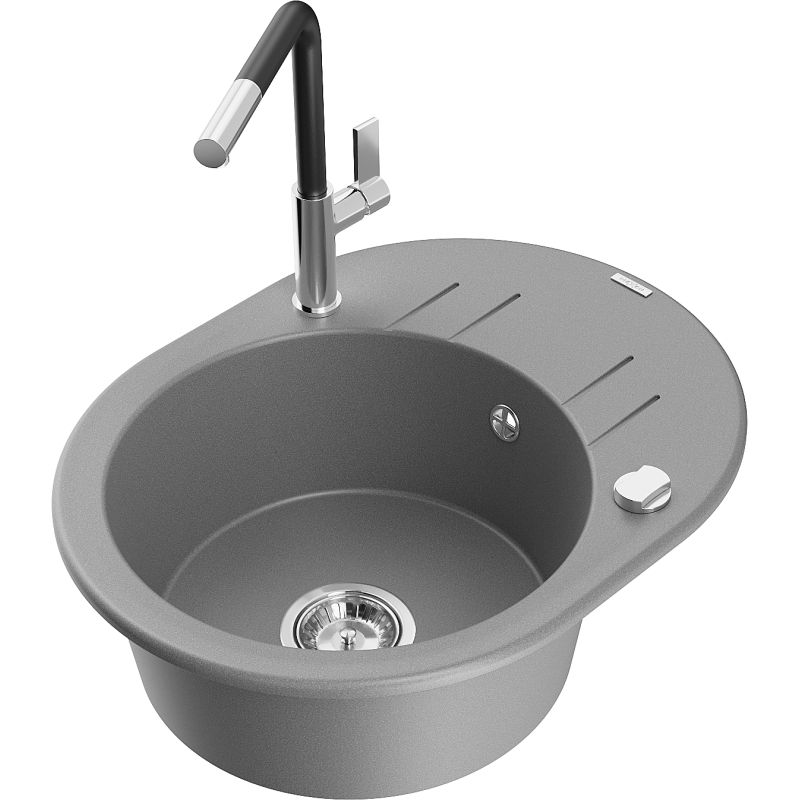 Zlewozmywak granitowy 1-komorowy Mexen Kevin z ociekaczem i baterią kuchenną Flora szary 6517-71-670401-07