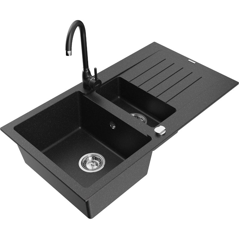 Zlewozmywak granitowy 1.5-komorowy Mexen Matias z ociekaczem i baterią kuchenną Telma czarny/złoty - 6502-75-670200-70 1 szt.