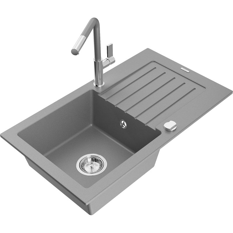 Zlewozmywak granitowy 1-komorowy Mexen Pablo z ociekaczem i baterią kuchenną Flora szary 6510-71-670401-06