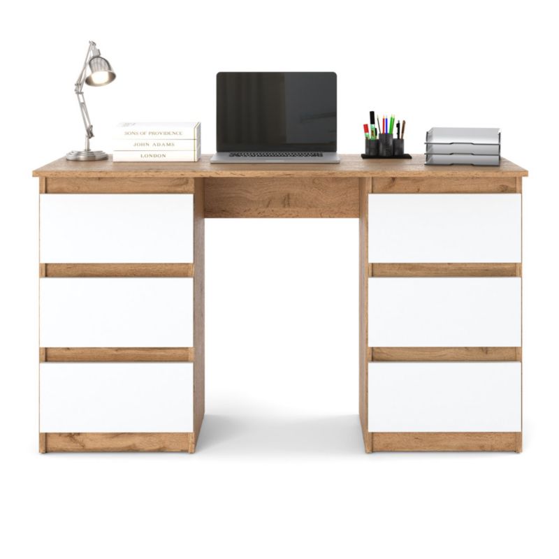 Biurko Hurtownia-Mebli Szuflady 6 Hugo 120cm Dąb Wotan Biały Mat 120x50x75 cm 1szt.