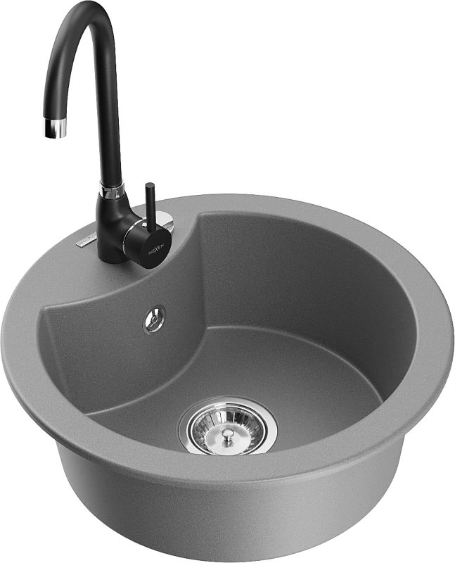 Zlewozmywak granitowy Mexen Diego 1-komorowy z baterią kuchenną Telma szary 6512-71-670200-70