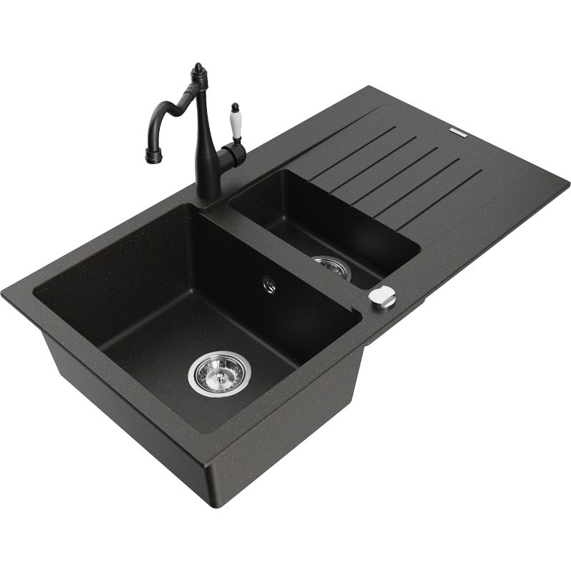 Zlewozmywak granitowy 1.5-komorowy Mexen Matias z ociekaczem i baterią kuchenną Carla czarny/złoty metalik 6502-75-670700-70