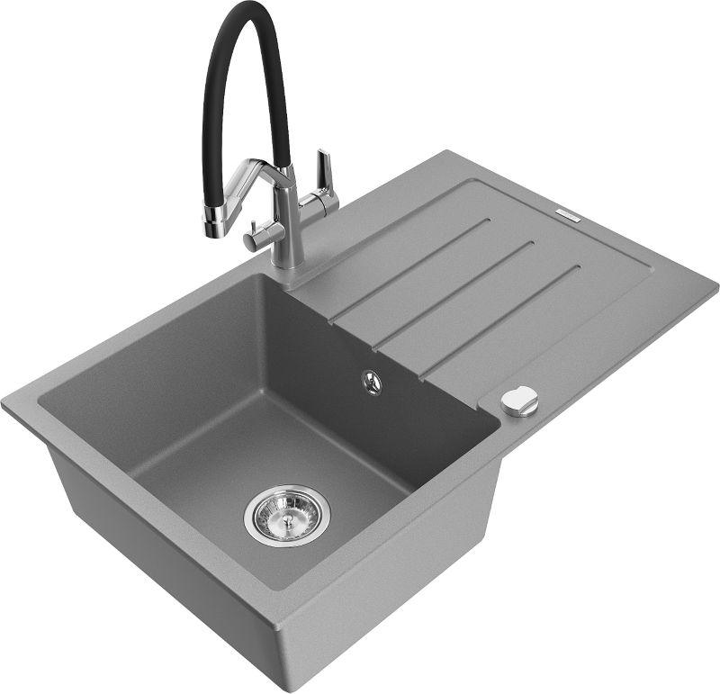 Zlewozmywak granitowy Mexen Bruno 1-komorowy z ociekaczem i baterią kuchenną Duo szary 6513-71-671701-07