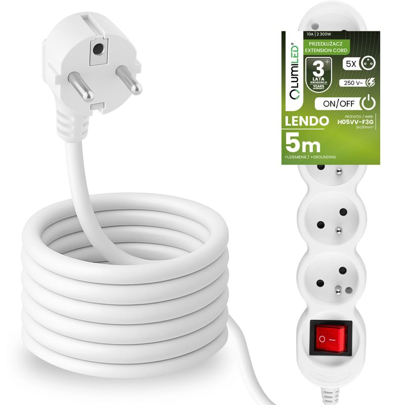 Przedłużacz Sieciowy Lumiled Kabel z Uziemieniem Listwa Zasilająca 5 Gniazda 5m z Włącznikiem Czarny Sznur 1 szt.