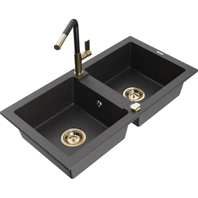 Zlewozmywak granitowy 2-komorowy Mexen Mario z baterią kuchenną Flora czarny nakrapiany 6504-76-670401-57-G