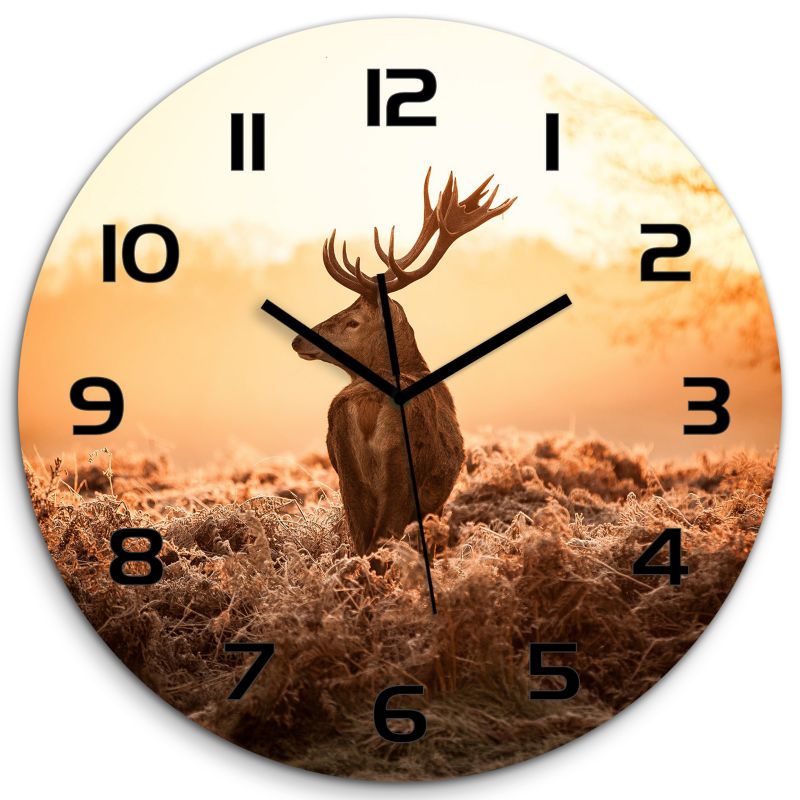 Zegar szklany Tulup Jeleń wschód słońca czarne wskazówki fi30 cm cichy 1 szt.