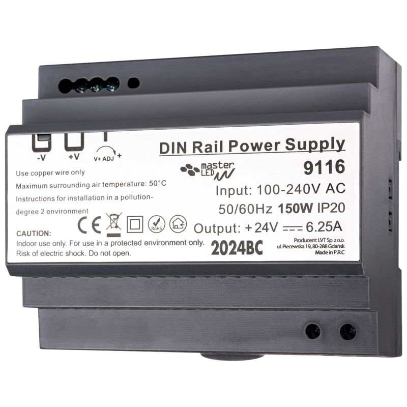 Zasilacz LED MasterLED na szynę DIN 24V 150W 6.25A IP20 105x58.5x92.5 mm 1 szt.