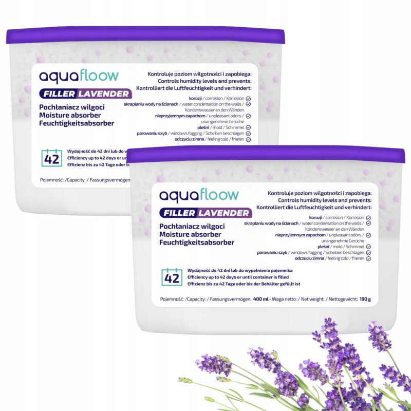 Pochłaniacz wilgoci, Aquafloow, osuszacz powietrza, lawendowy, 400ml, 2szt